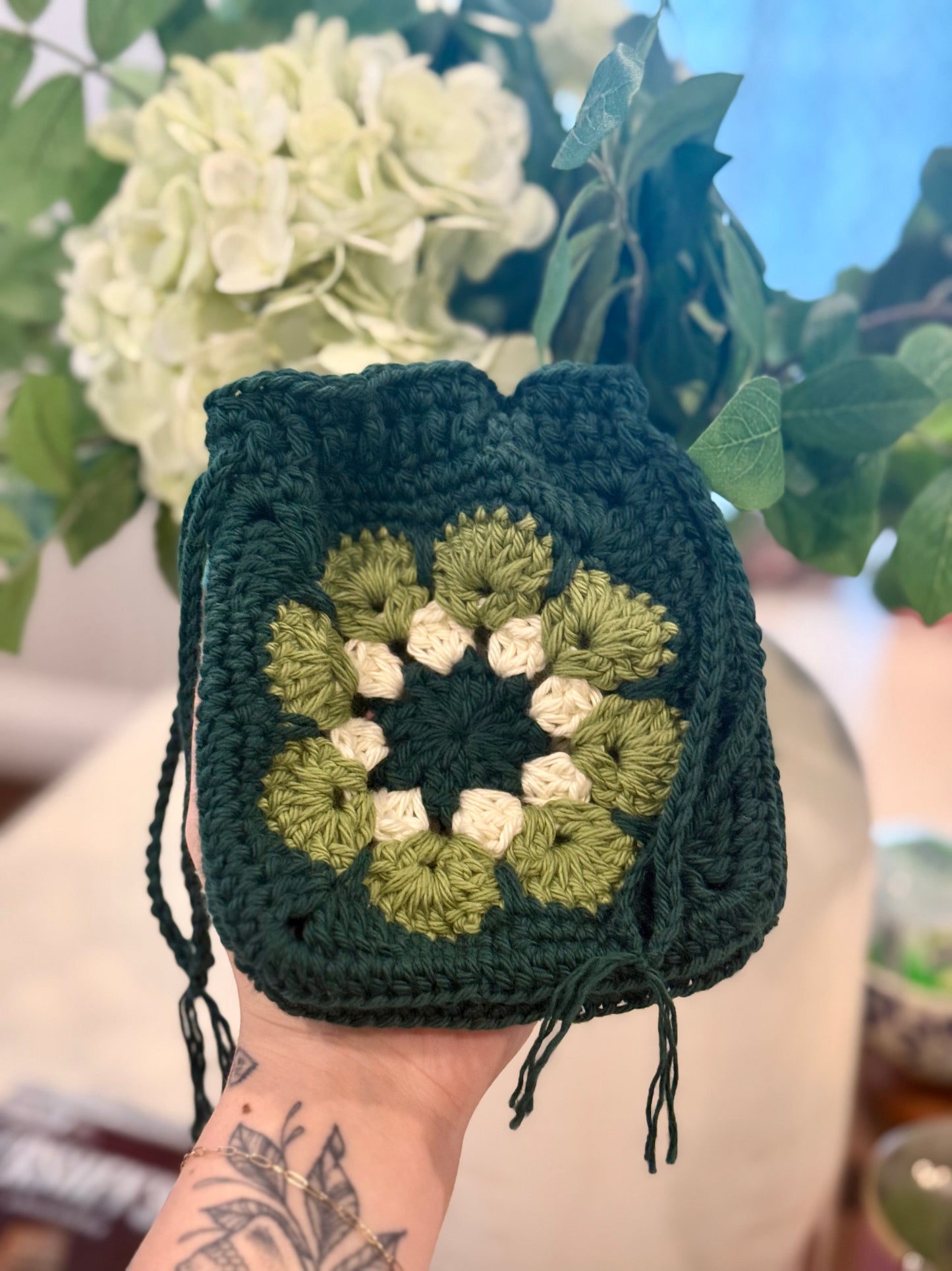 Handmade Crochet Granny Square Drawstring Pouch – Forest