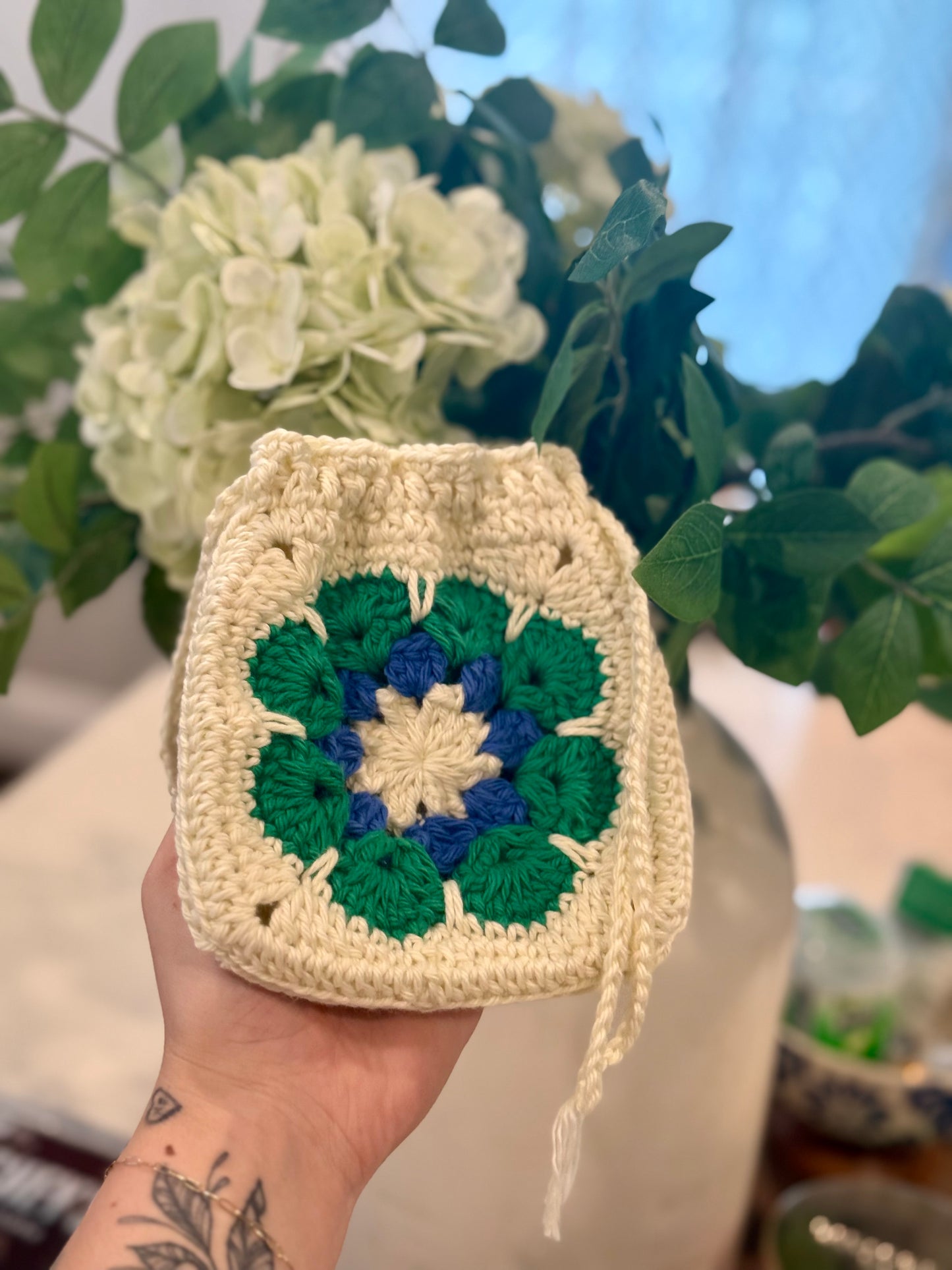 Handmade Crochet Granny Square Drawstring Pouch – Fresh