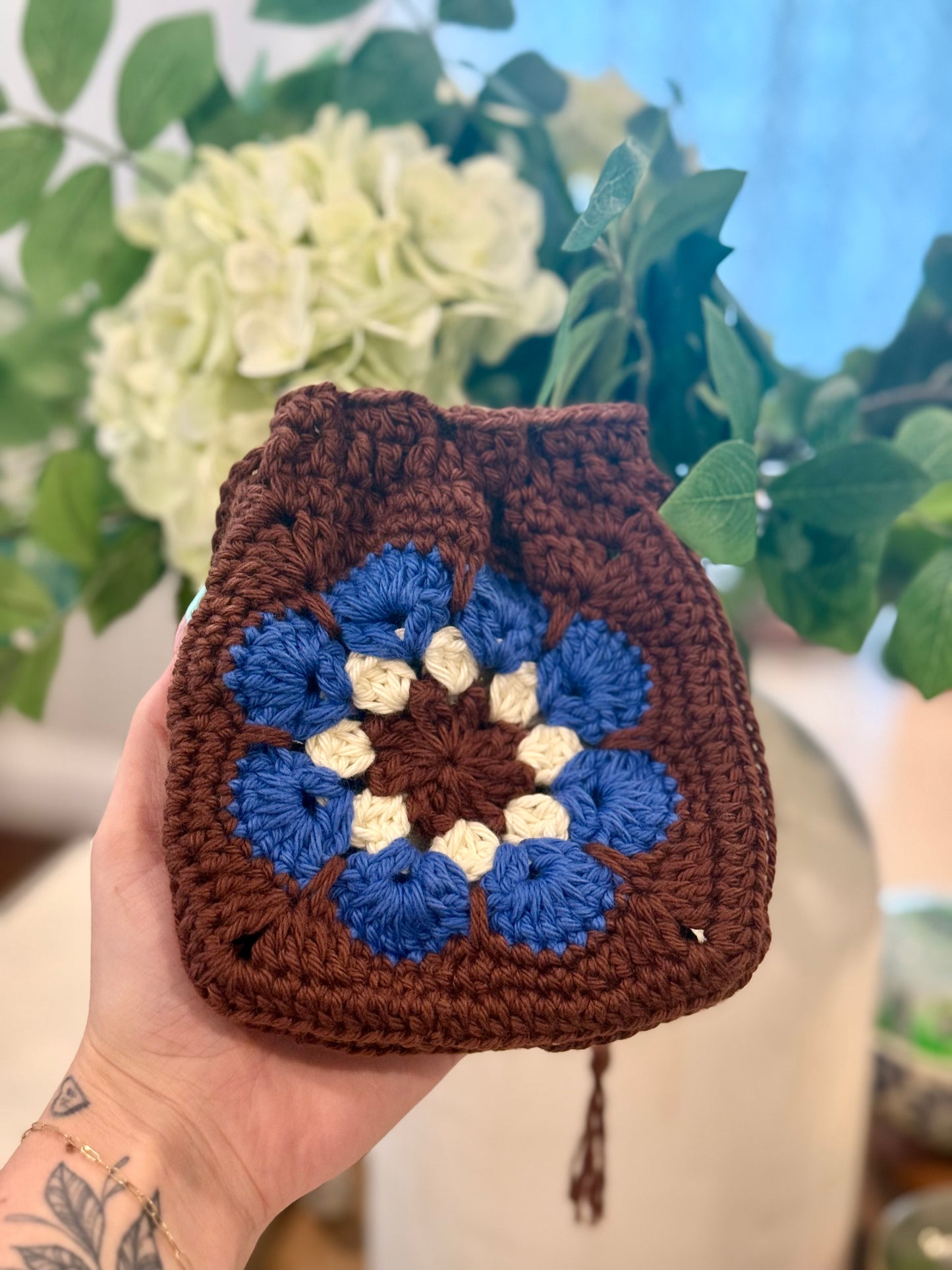 Handmade Crochet Granny Square Drawstring Pouch – Mushroom