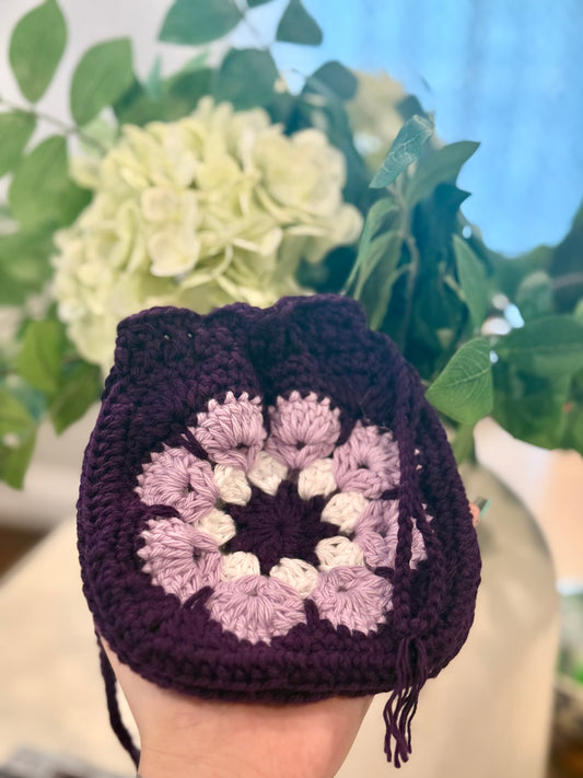 Handmade Crochet Granny Square Drawstring Pouch – Plum