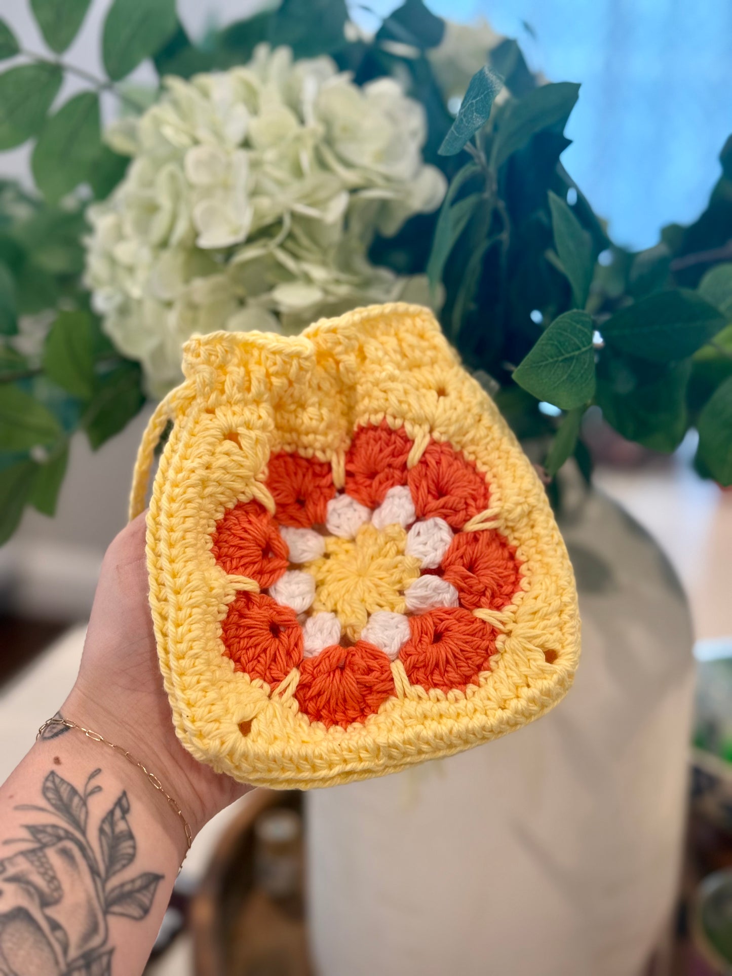 Handmade Crochet Granny Square Drawstring Pouch – Sunflower